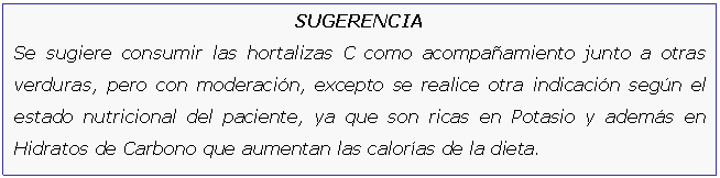 Cuadro de texto: SUGERENCIA
Se sugiere consumir las hortalizas C como acompaamiento junto a otras verduras, pero con moderacin, excepto se realice otra indicacin segn el estado nutricional del paciente, ya que son ricas en Potasio y adems en Hidratos de Carbono que aumentan las caloras de la dieta.



SUGERENCIA
Se sugiere consumir las hortalizas C como acompaamiento pero con moderacin, excepto se realice otra indicacin segn el estado nutricional del paciente


