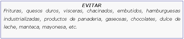 Cuadro de texto: EVITAR
Frituras, quesos duros, vsceras, chacinados, embutidos, hamburguesas industrializadas, productos de panadera, gaseosas, chocolates, dulce de leche, manteca, mayonesa, etc.
